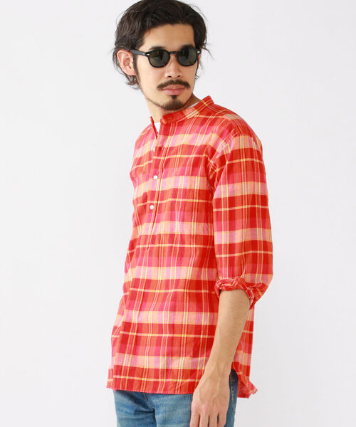 BEAMS PLUS(ビームスプラス)の「BEAMS PLUS / インディアン マドラスチェック バンドカラー プルオーバーシャツ(シャツ/ブラウス・メンズ・サックスブルー/オレンジ/グリーン・SMALL/MEDIUM/X-LARGE/LARGE)」の6枚目の写真