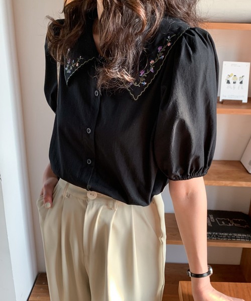 Diosfront(ディオスフロント)の「刺繍衿付デザインパフスリーブシャツブラウス(シャツ/ブラウス・レディース・サックスブルー/ホワイト/ブラック・S/M)」の3枚目の写真