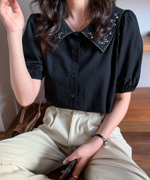 Diosfront(ディオスフロント)の「刺繍衿付デザインパフスリーブシャツブラウス(シャツ/ブラウス・レディース・サックスブルー/ホワイト/ブラック・S/M)」の6枚目の写真