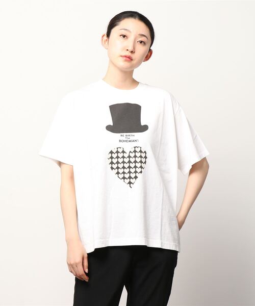 BOHEMIANS（ボヘミアンズ）の「BOHEMIANS/ボヘミアンズ　LOVE HAT HEART pt LOOSE S/S Tee　ラブハットプリントルーズティー（Tシャツ/カットソー・レディース・ホワイト/ブルーグレー・X-SMALL）」の2枚目の写真