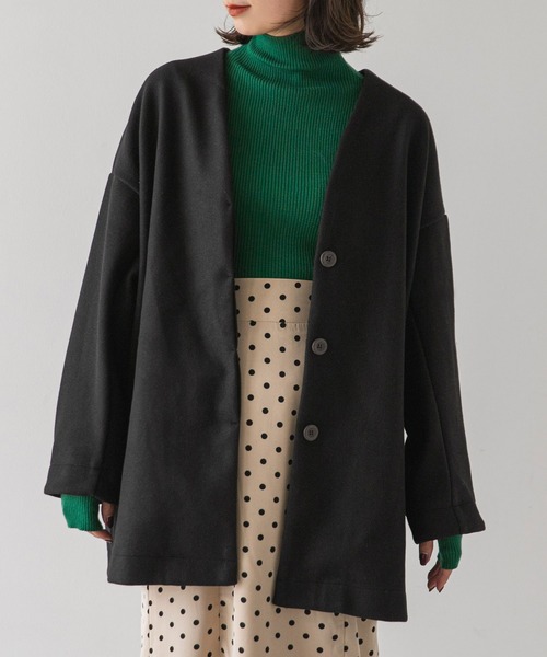 rectangle（レクタングル）の「メルトンミディコクーンコート（ノーカラーコート・レディース・ベージュ/ブラック・FREE）」の6枚目の写真