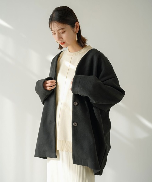 rectangle（レクタングル）の「メルトンミディコクーンコート（ノーカラーコート・レディース・ベージュ/ブラック・FREE）」の13枚目の写真