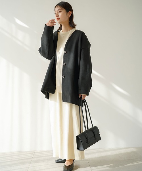 rectangle（レクタングル）の「メルトンミディコクーンコート（ノーカラーコート・レディース・ベージュ/ブラック・FREE）」の14枚目の写真