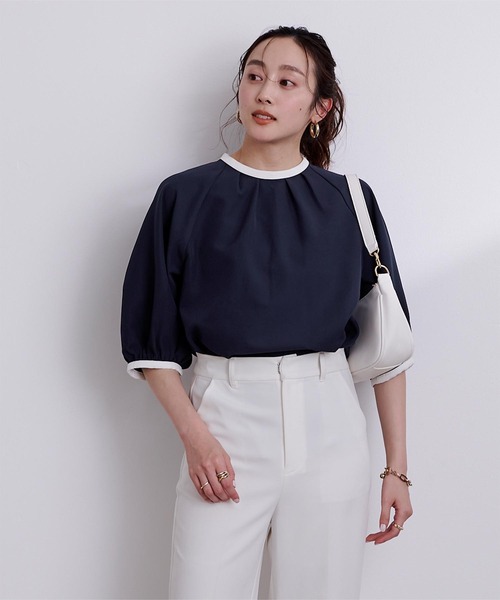 UR'S(ユアーズ)の「バイカラータックネックブラウス(シャツ/ブラウス・レディース・ホワイト/ネイビー・S/M/L)」の13枚目の写真