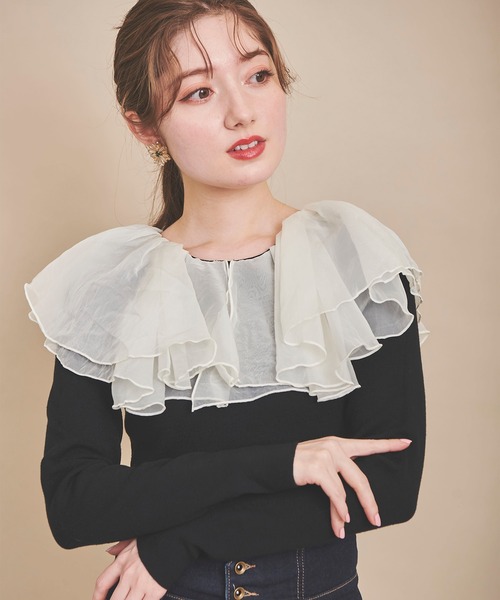 31 Sons de mode（トランテアン　ソン　ドゥ　モード）の「オーガンフリルニット（ニット/セーター・レディース・ブラック/オフホワイト/ブラック×ホワイト・36）」の11枚目の写真