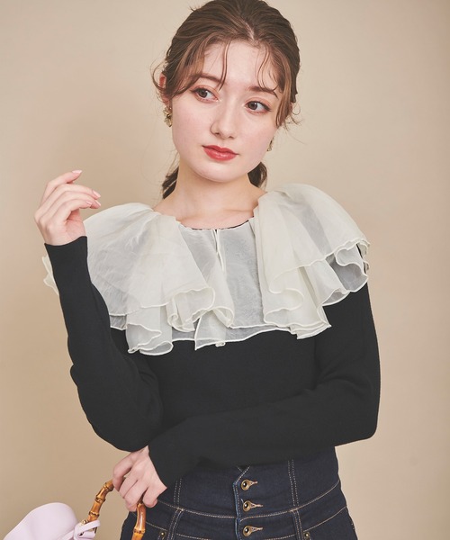 31 Sons de mode（トランテアン　ソン　ドゥ　モード）の「オーガンフリルニット（ニット/セーター・レディース・ブラック/オフホワイト/ブラック×ホワイト・36）」の12枚目の写真