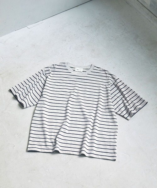 EMMA CLOTHES（エマクローズ）の「オーバーサイズ マルチボーダー ショートスリーブTシャツ EMMA CLOTHES（Tシャツ/カットソー・メンズ・ホワイト系/ベージュ系/グリーン系/ベージュ系2/グレー系/ホワイト系2・L/M）」の19枚目の写真
