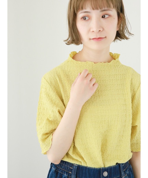 Samansa Mos2 blue(サマンサモスモスブルー)の「ふくれジャカードボトルネックTシャツ(Tシャツ/カットソー・レディース・ブラック/イエロー/キナリ・MEDIUM/LARGE)」の1枚目の写真