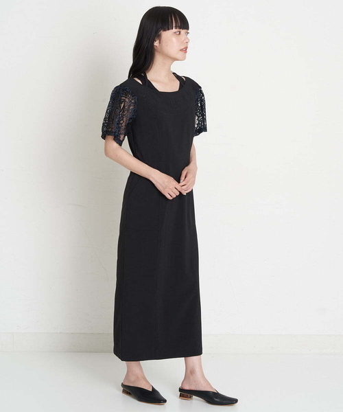 A de a.v.v（アードアー・ヴェ・ヴェ）の「刺繍入りケミカルレースオフショルダーワンピース（ドレス・レディース・ベージュ/ブラック・36/38）」の4枚目の写真