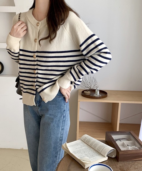 MILAE(ミレ)の「ボーダー柄ニットカーディガン(カーディガン/ボレロ・レディース・ブラウン/ネイビー/カーキ・FREE)」の1枚目の写真