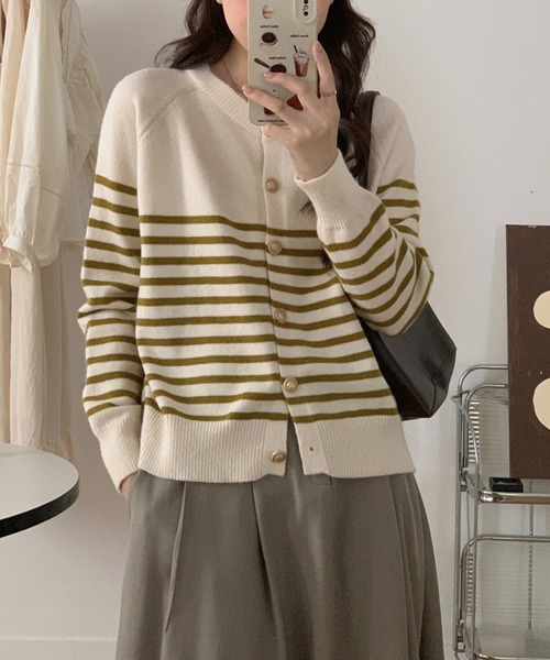 MILAE(ミレ)の「ボーダー柄ニットカーディガン(カーディガン/ボレロ・レディース・ブラウン/ネイビー/カーキ・FREE)」の3枚目の写真