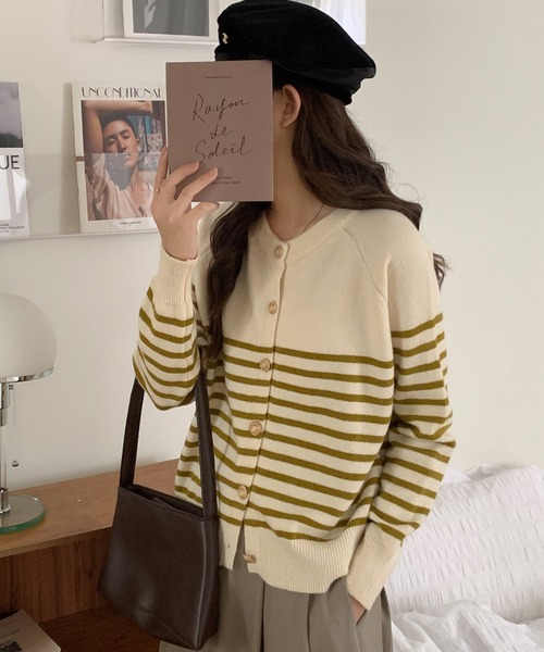 MILAE(ミレ)の「ボーダー柄ニットカーディガン(カーディガン/ボレロ・レディース・ブラウン/ネイビー/カーキ・FREE)」の7枚目の写真