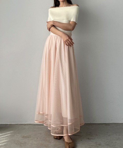 Louere(ルエレ)の「裾パイピングチュールフレアスカート【ペチスカートセット】(スカート・レディース・ブラック/アイボリー/チャコール/ライトグレー/ブラウン/ピンク/グレイッシュベージュ・SMALL/MEDIUM/LARGE/X-LARGE)」の7枚目の写真