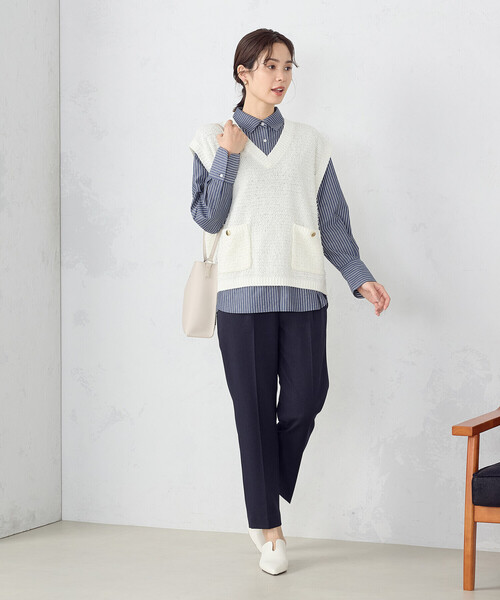 COMME CA ISM（コムサイズム）の「リボンヤーン　ツイード調　ニットベスト（ベスト・レディース・アイボリー/ネイビー・FREE）」の7枚目の写真