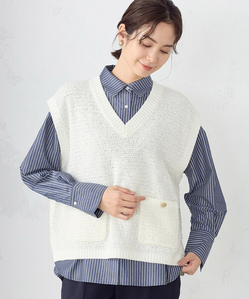 COMME CA ISM（コムサイズム）の「リボンヤーン　ツイード調　ニットベスト（ベスト・レディース・アイボリー/ネイビー・FREE）」の5枚目の写真