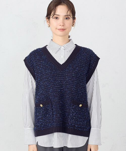 COMME CA ISM（コムサイズム）の「リボンヤーン　ツイード調　ニットベスト（ベスト・レディース・アイボリー/ネイビー・FREE）」の12枚目の写真