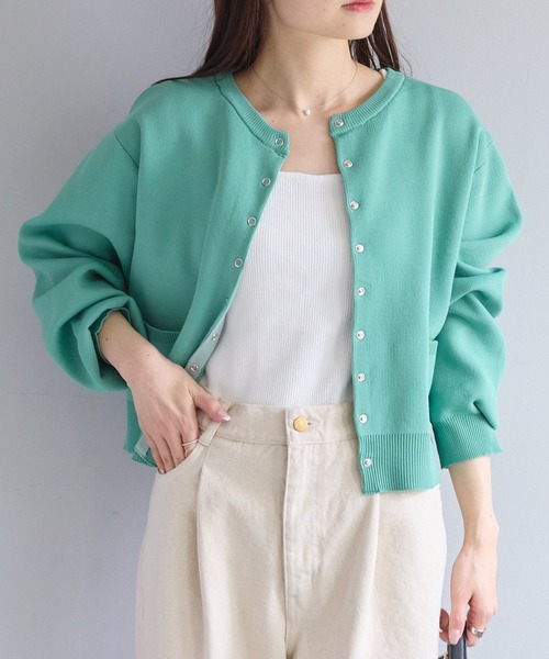 PUAL CE CIN(ピュアルセシン)の「スポンディッシュクルーネックカーディガン(カーディガン/ボレロ・レディース・グリーン/ピンク/オフホワイト/グレー・FREE)」の3枚目の写真