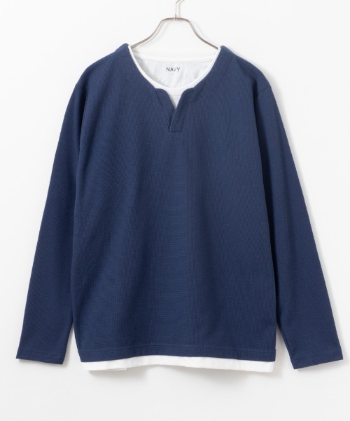 NAVY(ネイビー)の「NAVY カノコキーネックレイヤード長袖Tシャツ(Tシャツ/カットソー・メンズ・ライトグレー/グリーン/ネイビー/ブラック・S/M/L/XL)」の4枚目の写真