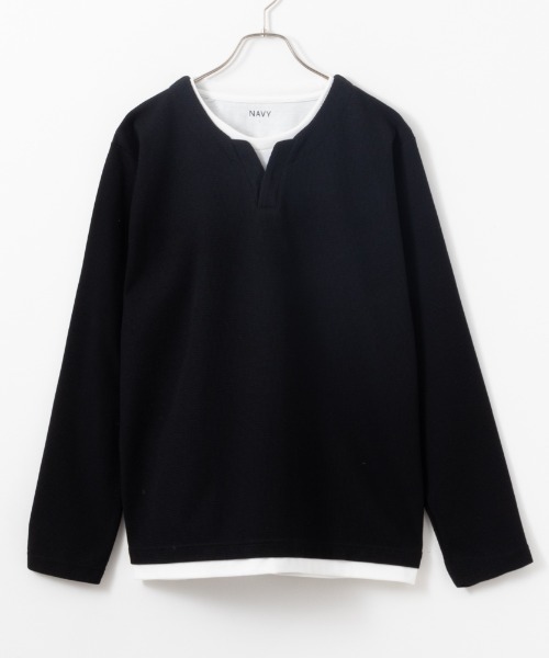NAVY(ネイビー)の「NAVY カノコキーネックレイヤード長袖Tシャツ(Tシャツ/カットソー・メンズ・ライトグレー/グリーン/ネイビー/ブラック・S/M/L/XL)」の2枚目の写真