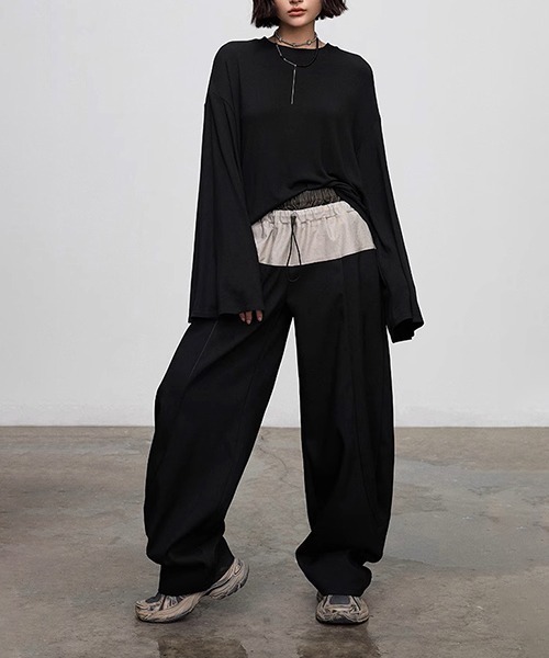 CHENTAITAI】ダブルウエスト カーブ切り替えワイドパンツ chw24s044