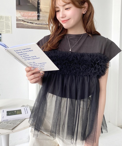 tシャツ ブラシプリントドッキングフレンチ レディース titivate tシャツ シフォンフリルドッキングトップス レディース