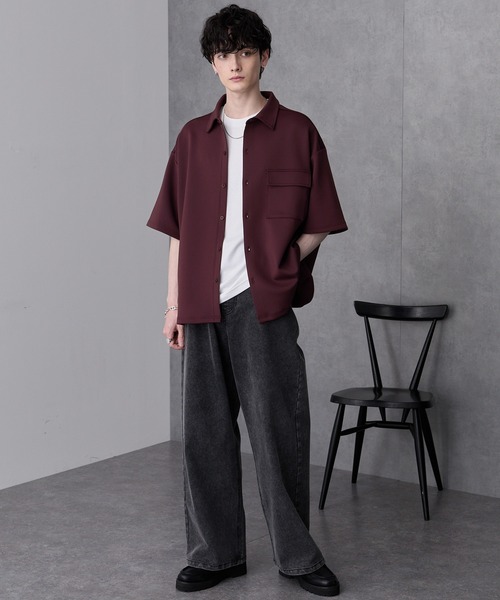 ダブルフェイスオーバーサイズタックデザインレギュラーカラー半袖