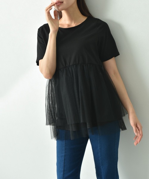 INTERPLANET（インタープラネット）の「ＴＣ天竺裾チュールプルオーバー（Tシャツ/カットソー・レディース・ブラック/オフホワイト・FREE）」の2枚目の写真