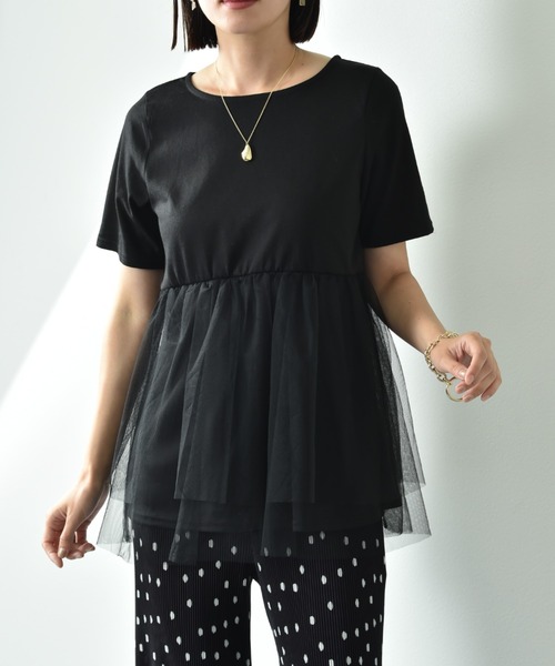 INTERPLANET（インタープラネット）の「ＴＣ天竺裾チュールプルオーバー（Tシャツ/カットソー・レディース・ブラック/オフホワイト・FREE）」の4枚目の写真