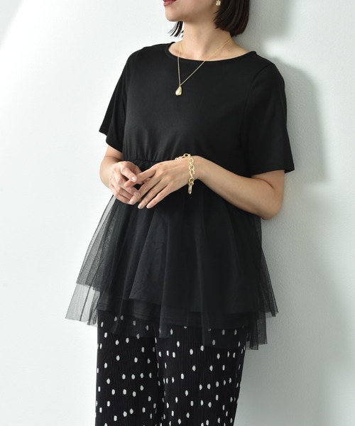 INTERPLANET（インタープラネット）の「ＴＣ天竺裾チュールプルオーバー（Tシャツ/カットソー・レディース・ブラック/オフホワイト・FREE）」の9枚目の写真
