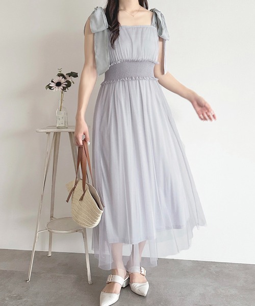 チュールカシュリボンキャミワンピース チュールカシュリボンキャミワンピース