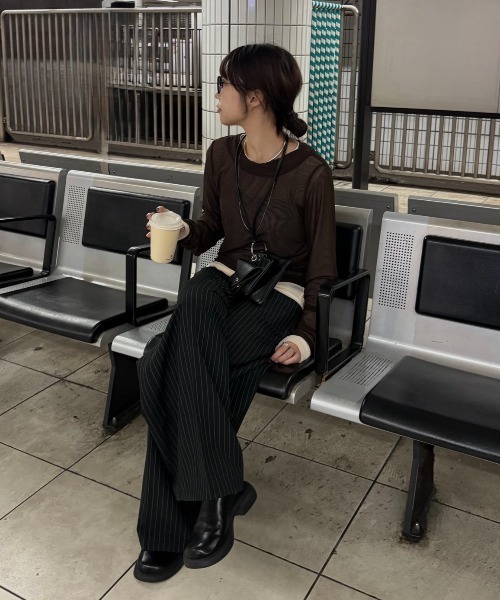 Aunt Marie's（アントマリーズ）の「シアーレイヤードトップス【2枚セットアイテム】（Tシャツ/カットソー・レディース・ブルー/ブラック/アイボリー/グリーン/ブラウン/ベビーピンク・FREE）」の8枚目の写真
