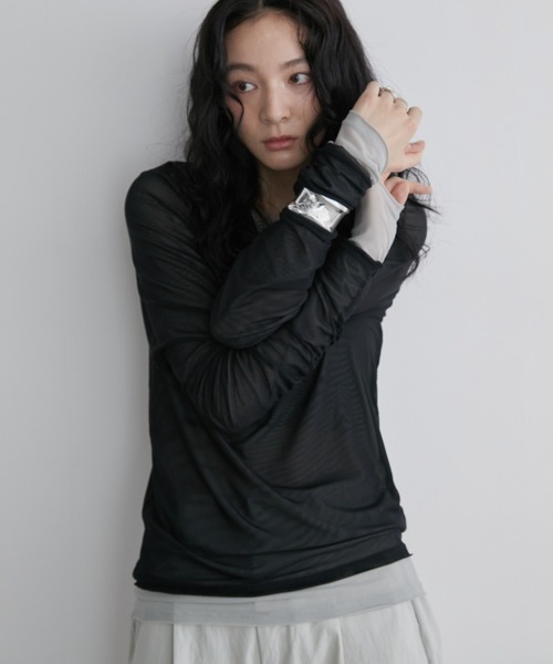 アドーア 2点セット シアーレイヤードトップス ニット 五分袖 長袖 ブラウス シアーレイヤードトップス【2枚セットアイテム】（Tシャツ/カットソー