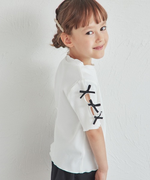 pairmanon（ペアマノン）の「リブ 袖リボン 半袖 Tシャツ（Tシャツ