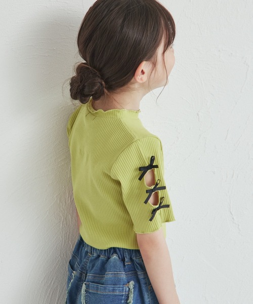 pairmanon（ペアマノン）の「リブ 袖リボン 半袖 Tシャツ（Tシャツ