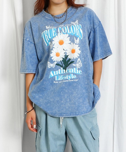 GORGE(ゴージ)の「ピグメント花柄Tシャツ(Tシャツ/カットソー・レディース・カーキ/ブルー/ピンク/オレンジ/スミクロ・F)」の3枚目の写真