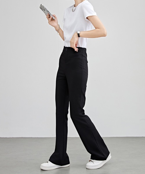 選べる2タイプ ソリッドカラー ハイウエスト シンプル フレア パンツ