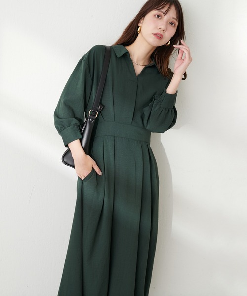 natural couture(ナチュラルクチュール)の「スキッパー衿7分袖ワンピース(ワンピース・レディース・その他1/グリーン/ボルドー/ブラウン/ブラック・FREE)」の4枚目の写真