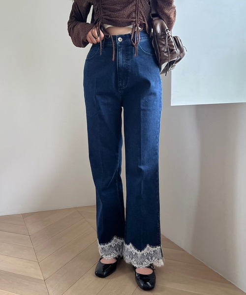 裾レース美脚ストレッチデニムパンツ（デニムパンツ）｜one after