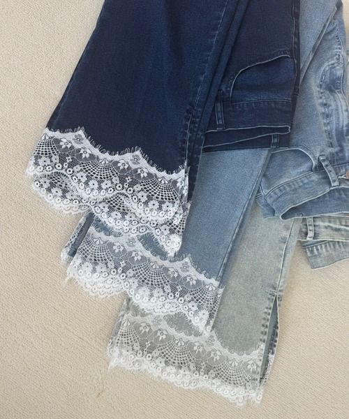 裾レース美脚ストレッチデニムパンツ（デニムパンツ）｜one after