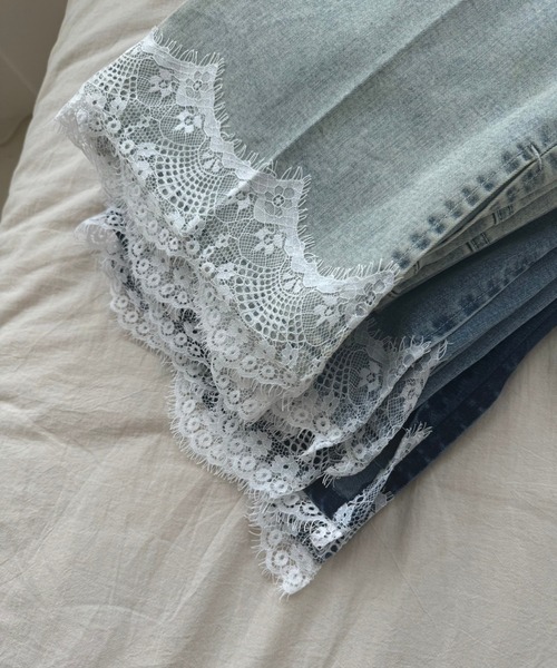 裾レース美脚ストレッチデニムパンツ（デニムパンツ）｜one after