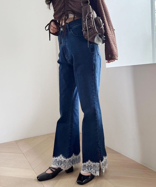 裾レース美脚ストレッチデニムパンツ（デニムパンツ）｜one after