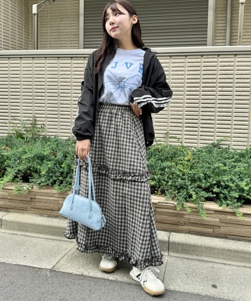 セール】チェック柄フリルティアードロングスカート（スカート