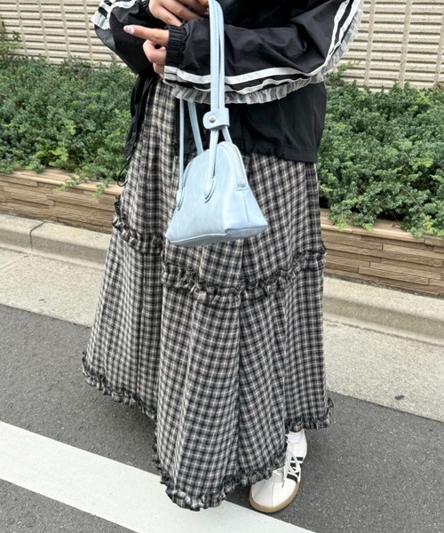 セール】チェック柄フリルティアードロングスカート（スカート