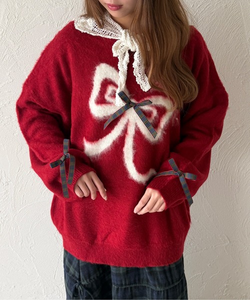 アソートロゴチェックリボンニット（ニット/セーター）｜kutir