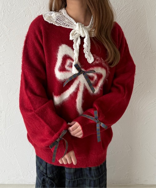 アソートロゴチェックリボンニット（ニット/セーター）｜kutir