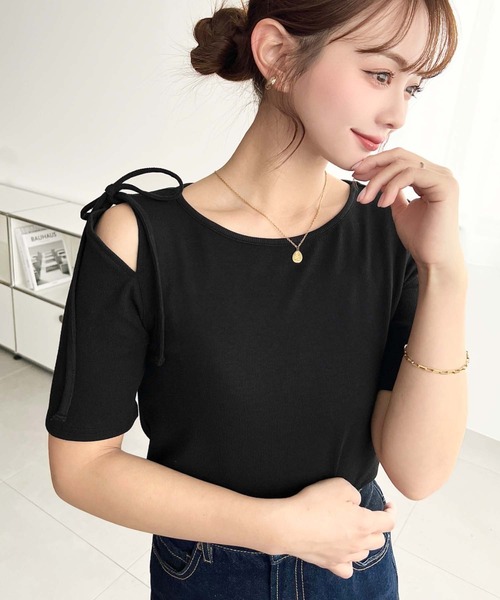 セール】肩スリットリボン半袖トップス（Tシャツ/カットソー