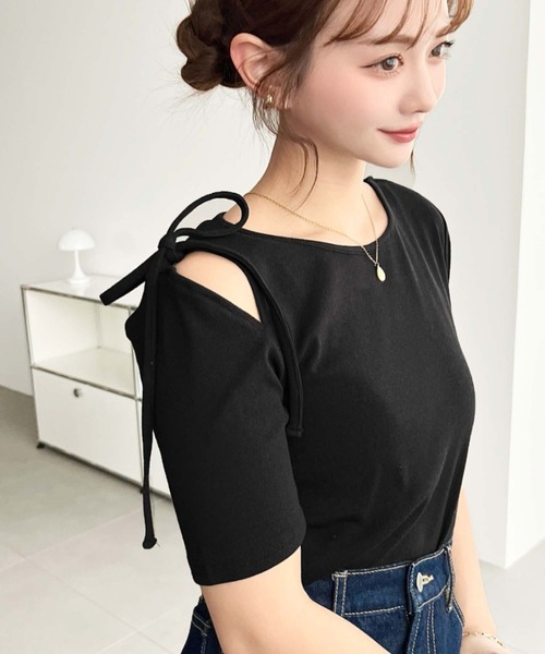 moment+（モーメントプラス）の「肩スリットリボン半袖リブトップス（Tシャツ/カットソー・レディース・ナチュラル/オフホワイト/ブラック/杢グレー/ホワイト系その他/ブラック系その他/ブルー系その他/アイボリー・M/L）」の15枚目の写真