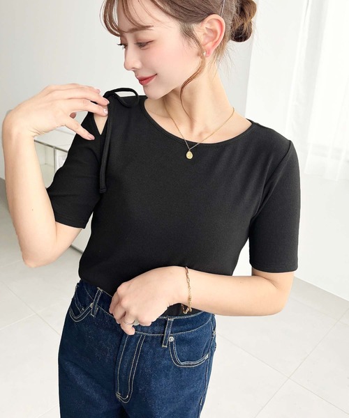 moment+（モーメントプラス）の「肩スリットリボン半袖リブトップス（Tシャツ/カットソー・レディース・ナチュラル/オフホワイト/ブラック/杢グレー/ホワイト系その他/ブラック系その他/ブルー系その他/アイボリー・M/L）」の17枚目の写真