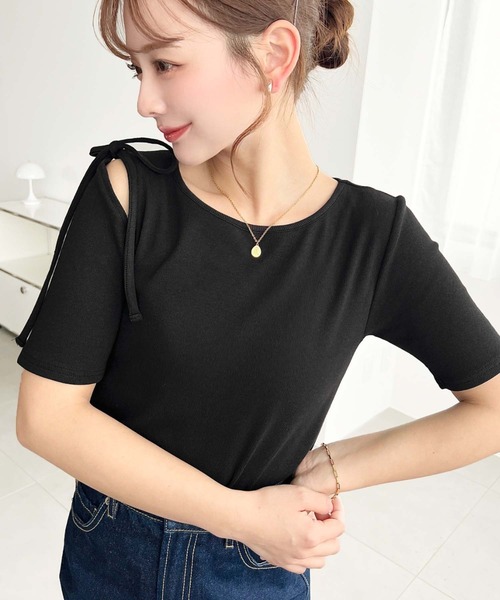 moment+（モーメントプラス）の「肩スリットリボン半袖リブトップス（Tシャツ/カットソー・レディース・ナチュラル/オフホワイト/ブラック/杢グレー/ホワイト系その他/ブラック系その他/ブルー系その他/アイボリー・M/L）」の14枚目の写真