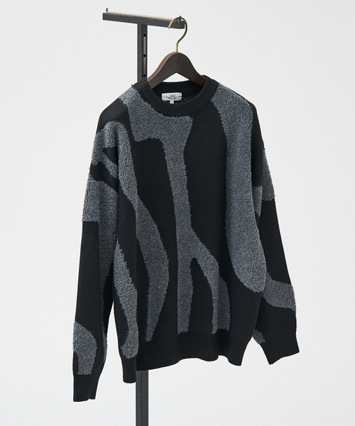 AH ABAHOUSE（エーエイチアバハウス）の「【AH ABAHOUSE】ゼブラジャガード ニット / セーター（ニット/セーター・メンズ・ブラック/ネイビー/グレー・46/48）」の2枚目の写真